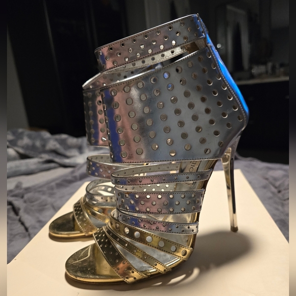JIMMY CHOO Silver & Gold Metallic Ankle Caged Stilettos - Picture 7 of 14
